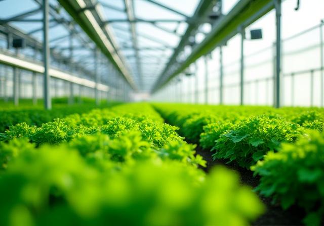 Interior of an optimized greenhouse with healthy plants.