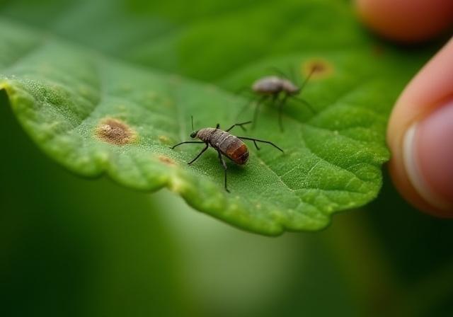 Close-up of a hand inspecting a leaf for pests.